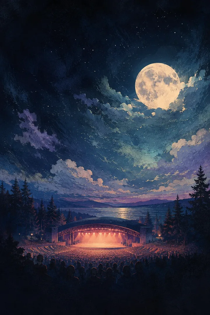 Moonlit outdoor amphitheater illustrated in deep blue and coral