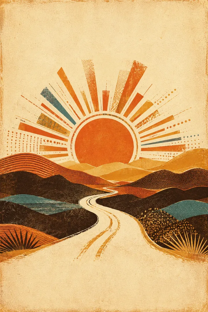 Original vintage print artwork of a sunlit road and layered hills